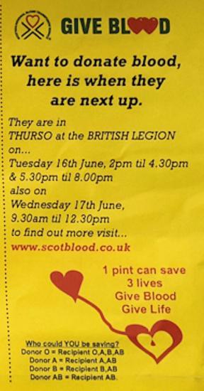 Photograph of Give blood - Thurso 16th and 17th June