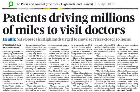 Photograph of Story in Press and Journal 27 April on mileage piles up by patients form Caithness to Raigmore